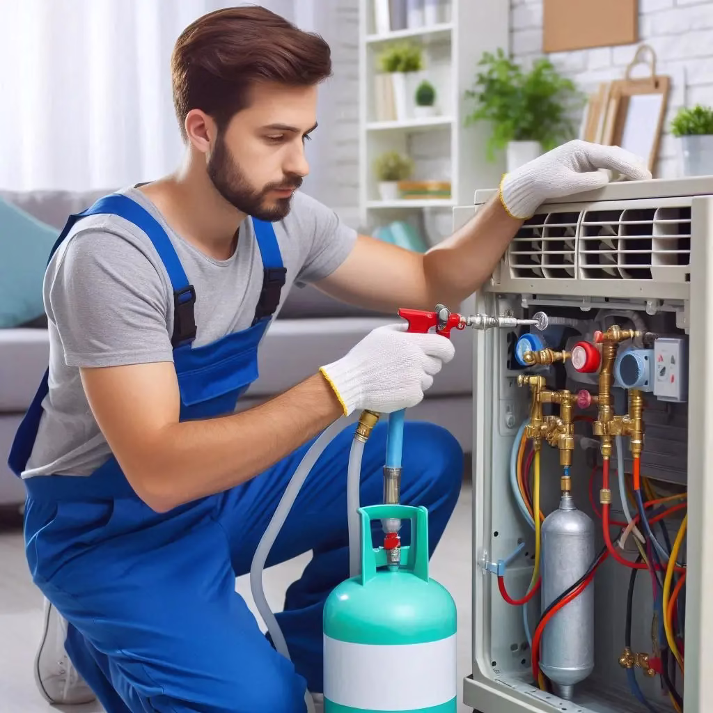 Electrician-filling-AC-gases-in-home-air-conditioners-and-car-air-conditioners